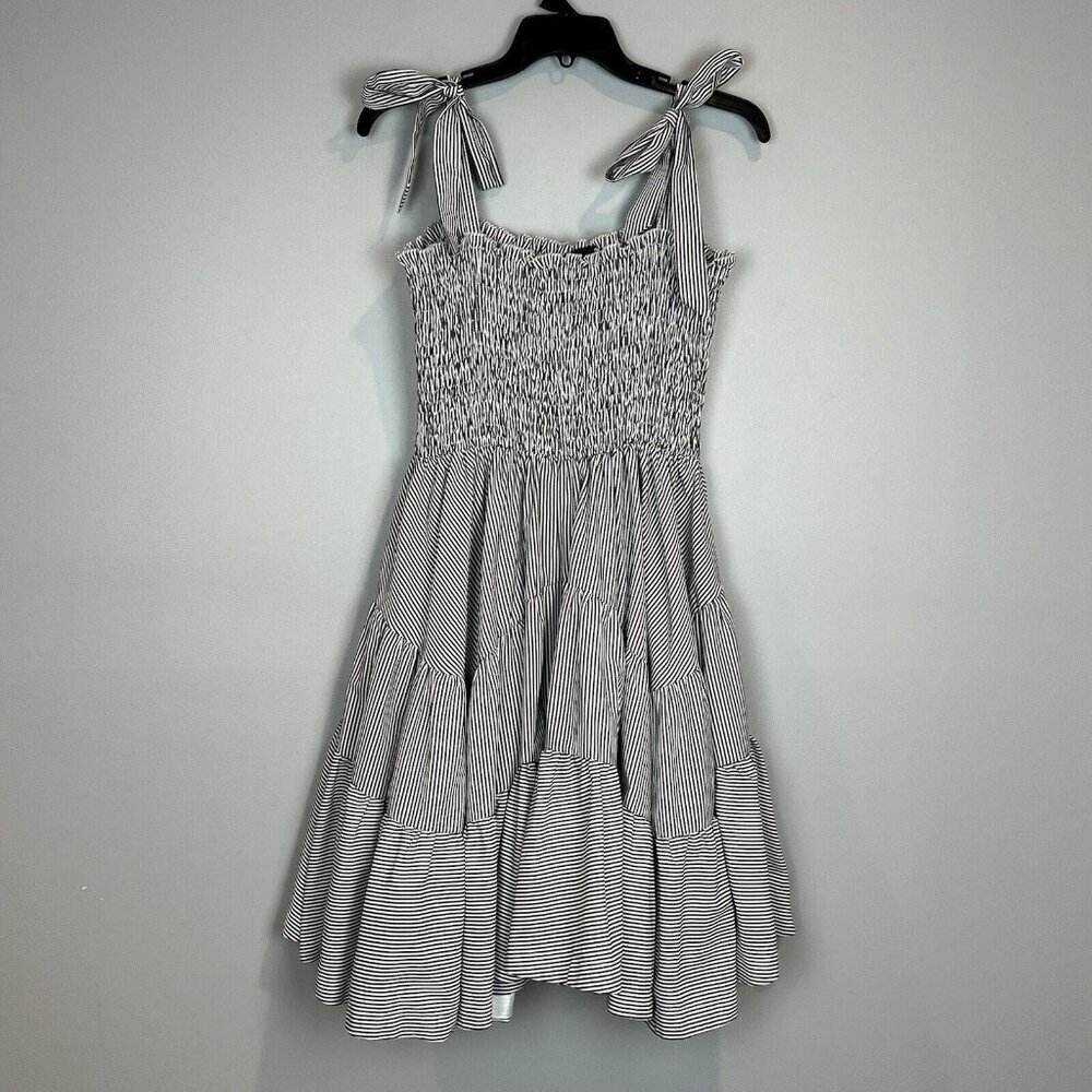 Gracia Smocked Tier Summer Dress Size Small Striped White Black Bow Shoulders